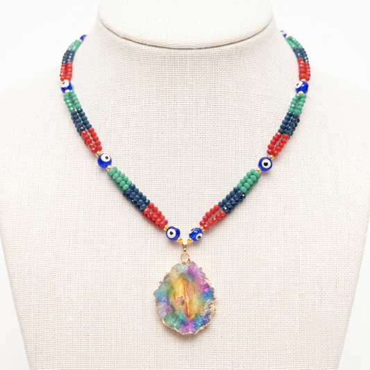 Multi Colored Quarts Stone and Crystals Necklace
