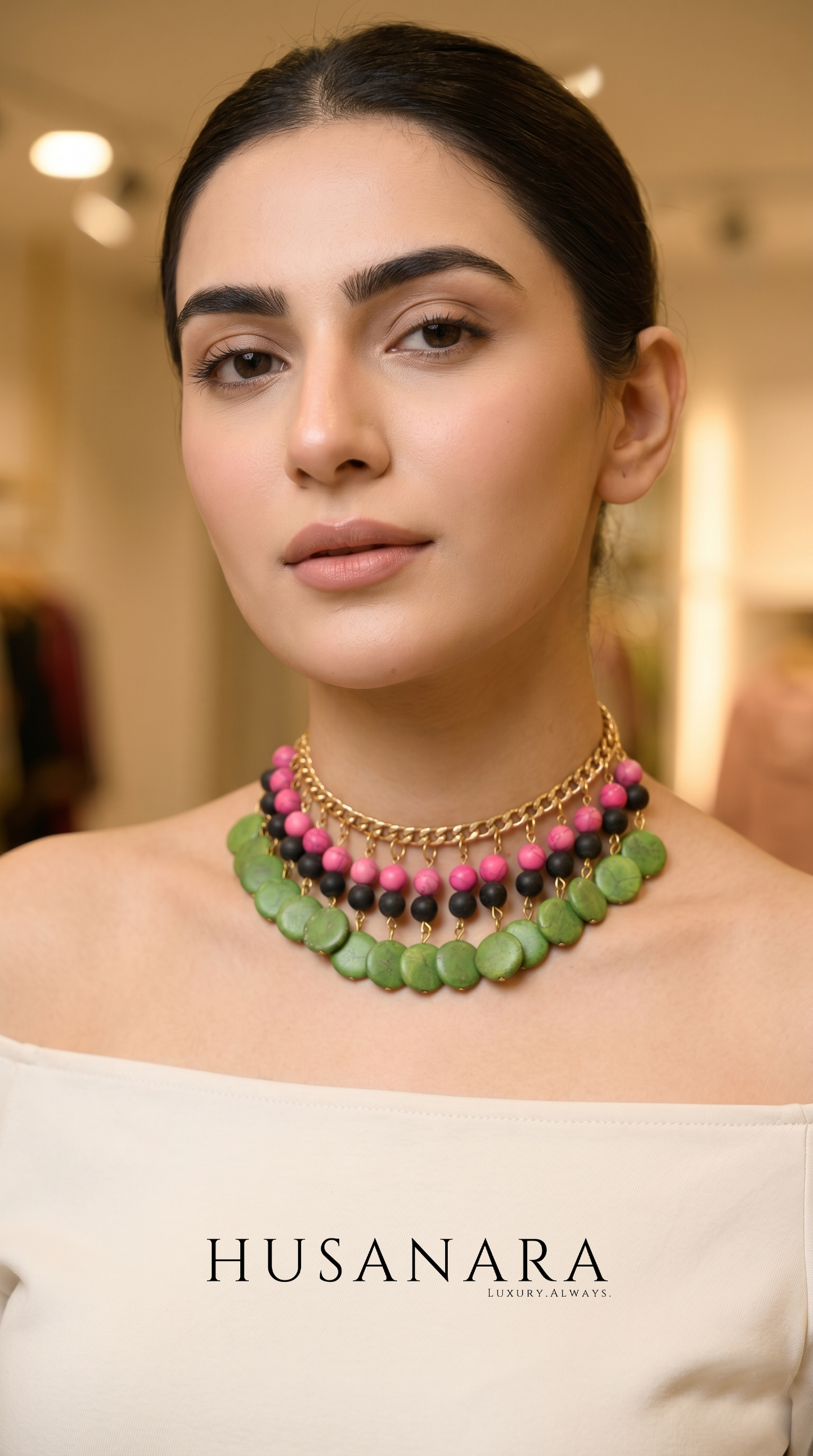 Green n Pink Stones Choker