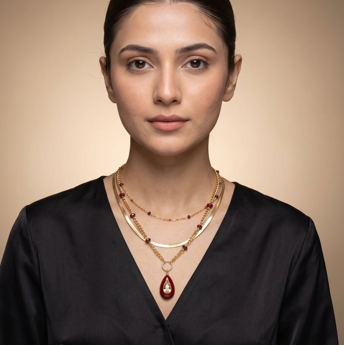 Red N Golden Layered Necklace